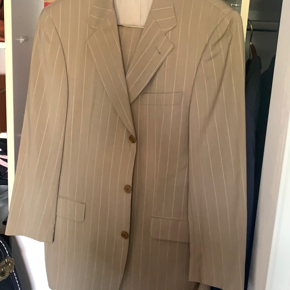 Hugo Boss tan pinstripe suit.